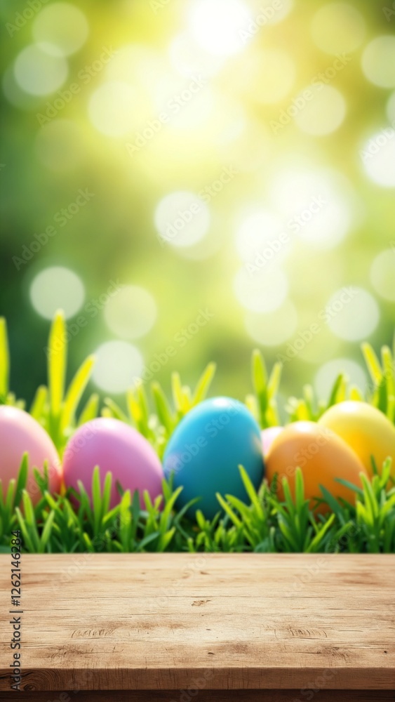 Poster An empty wooden rustic table for product display, a blurred Easter background of painted eggs and green grass and meadows