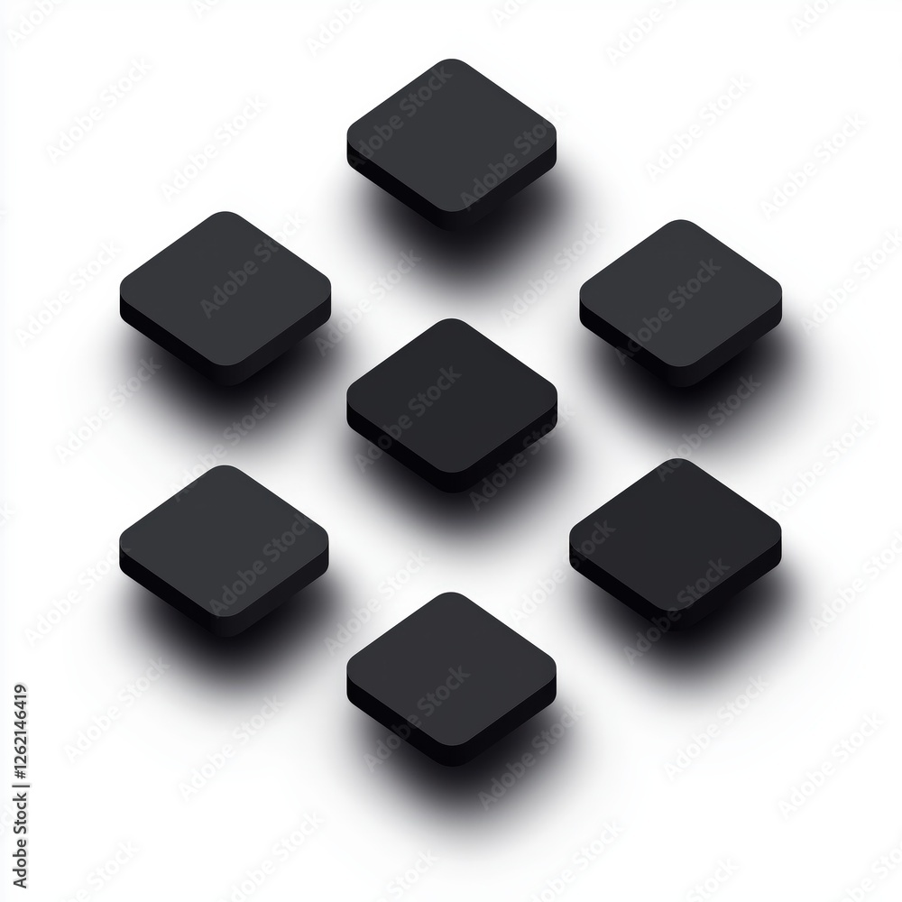 Poster arrangement of floating black rounded square shapes on a white background creating an abstract moder