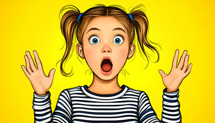 Surprised girl with pigtails, open mouth, hands up, pop art style illustration against yellow background. Ideal for expressing astonishment, shock, or amazement.