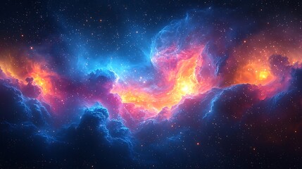Obraz premium Cosmic Nebula: A breathtaking digital illustration of a vibrant nebula, swirling with hues of fiery orange and cool blue, set against a backdrop of a deep, star-studded cosmos.