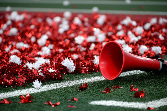 Red and white confetti scattered on a sports field with a red plastic megaphone lying on the ground.  A celebratory scene at a sporting event.