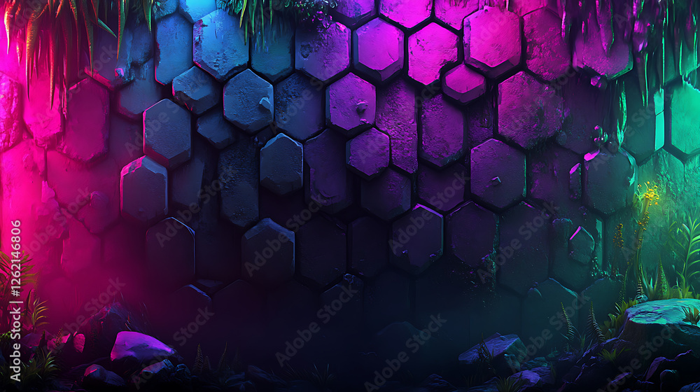 Poster hexagonal basalt columns wall texture lit with fluorescent colors in a grotesque alien environment