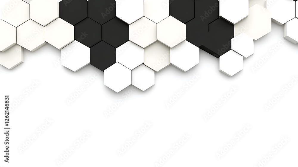 Poster hexagonal black and white geometric pattern design with overlapping shapes and 3d rendering style