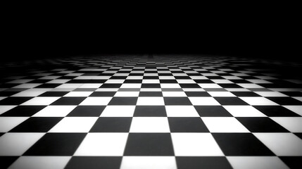 Naklejka premium High Contrast Monochrome Checkerboard Pattern Creates Optical Illusion Perspective on Dark Background