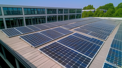 Obraz premium Solar panel installation on modern office rooftops