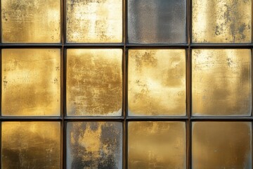 Weathered glass panes in a grid reveal golden textures