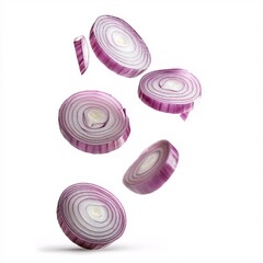 Floating Slices of Fresh Red Onion on a White Background