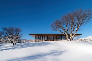 Modern Glass House Winter Landscape Snowy Setting