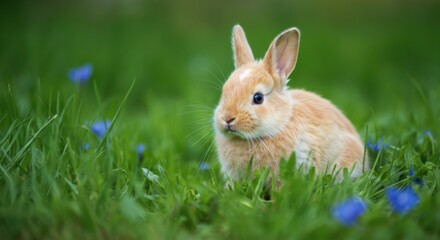 Fototapeta premium Cute rabbit sitting in green grass surrounded by blue flowers