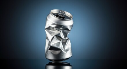 Crushed aluminum can on a reflective surface, symbolizing recycling and sustainability