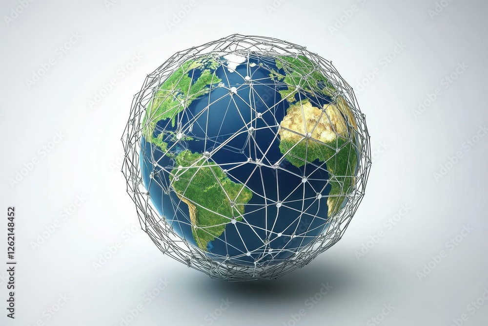 Poster growing network of connections visualized around earth with a realistic globe representation, 3d of 