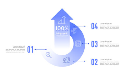 Circle infographic with arrows. 4 process to success. Plan, Strategy, Presentation and Marketing. Vector illustration.