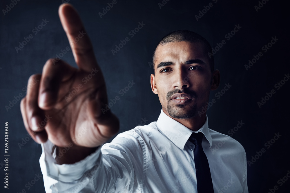 Aufkleber Cyberspace, fingerprint and virtual reality with business man on black background for connection. Access, biometrics and interface with user in dark for cloud computing or futuristic networking