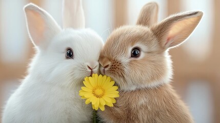 Obraz premium Two adorable baby rabbits sharing a flower. Possible use Greeting card, children's book illustration