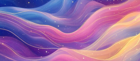 Abstract Wavy Background: Gold Glitter on Purple, Pink, and Blue Hues, Dreamy, Celestial Design