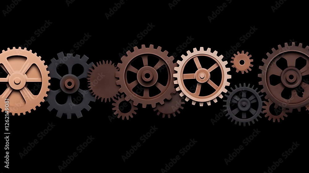 Poster interconnected metallic gears and cogs mechanism forming a mechanical network on a black backdrop