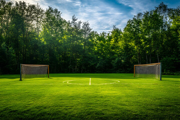 Serene soccer field nestled in lush green forest, goals at either end, sunlight illuminating the grass.  Perfect for sports, leisure, and nature themes.
