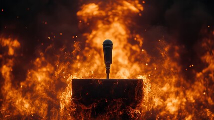 photo of a podium and microphone against a fiery backdrop
