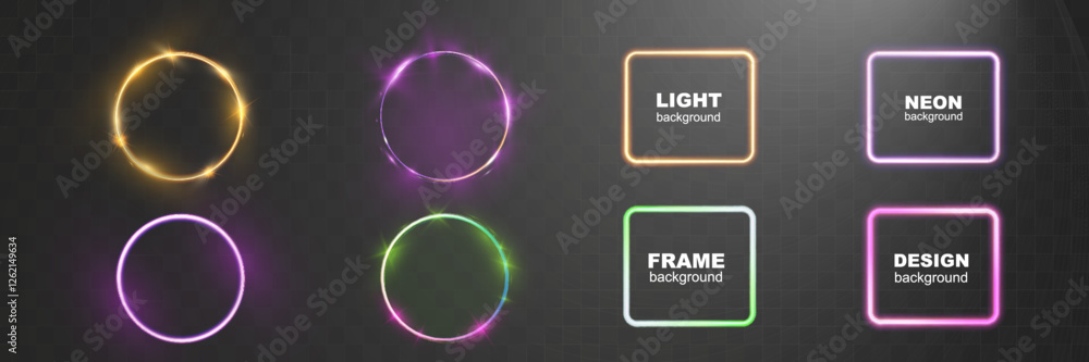 Poster glowing neon light abstract frames in various shapes on transparent background, perfect for modern, 