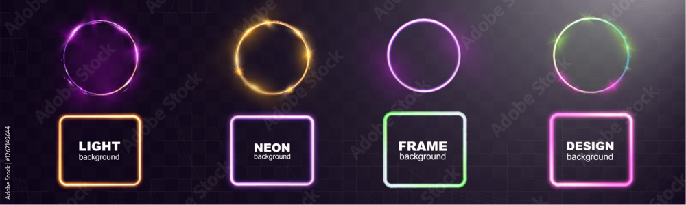 Poster glowing neon light abstract frames in various shapes on transparent background, perfect for modern, 
