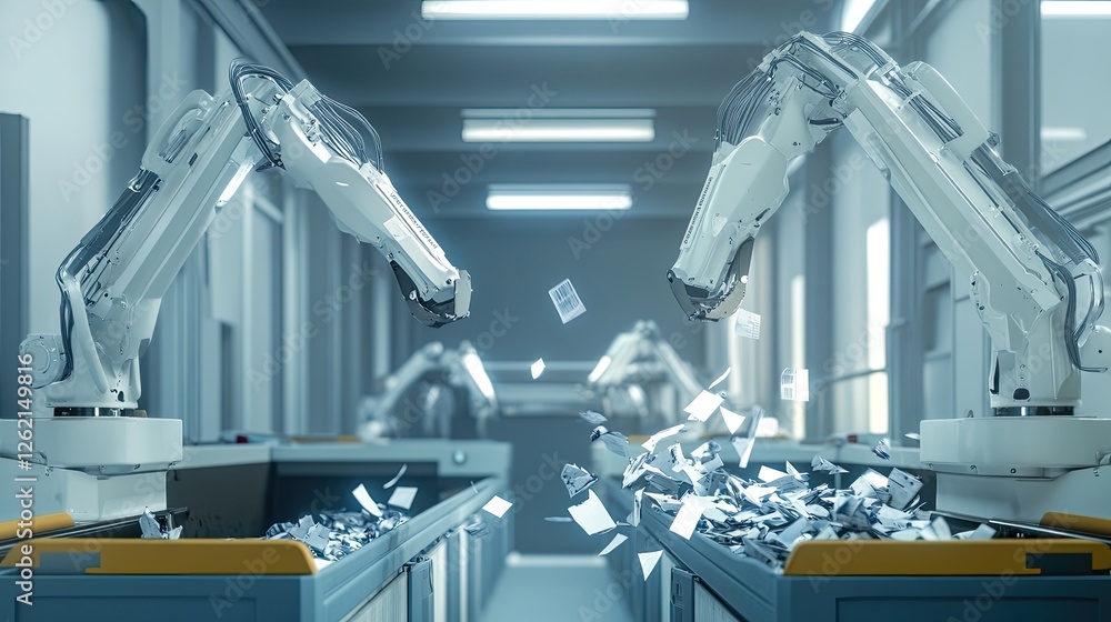Poster industrial robots efficiently sorting materials in modern automa