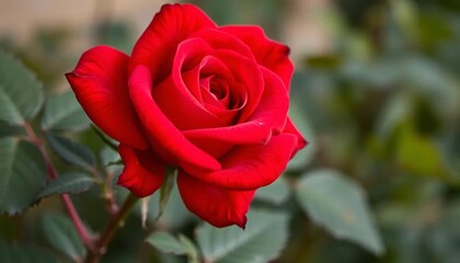 Vibrant Red Rose in Full Bloom Against a Blurred Background, red rose in a garden