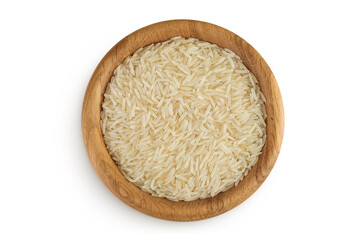 rice basmati in a wooden bowl isolated on white background. Top view. Flat lay