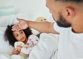 Bedroom, child and sick with hand of father, support and check temperature for fever at family...