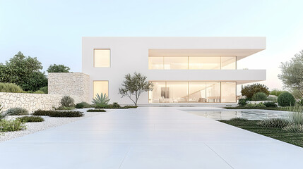 Modern white house, landscaped garden, evening light, real estate