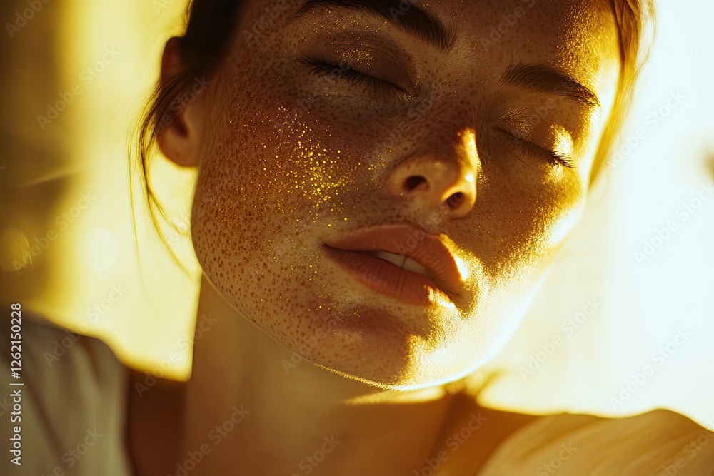 Poster soft light highlights serene expression and freckles, creating d
