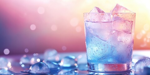 Chilled glass with ice cubes on vibrant sunset background