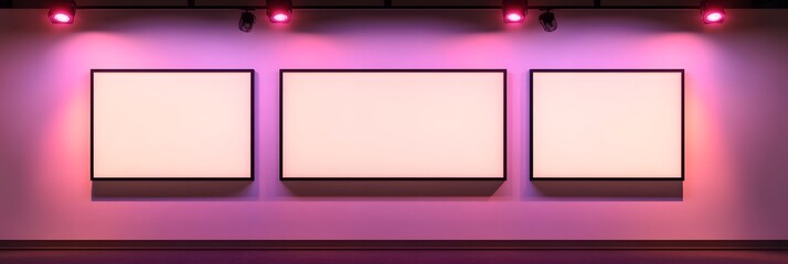 A rectangular white wall illuminated by seven magenta spotlights, holding three oversized rectangular blank frames evenly spaced along the length.