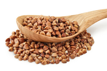 Raw buckwheat in wooden spoon isolated on white background