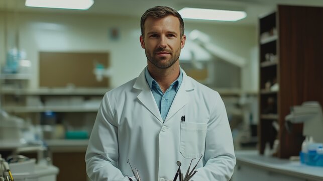 A dentist standing in a lab coat with dental tools in hand,