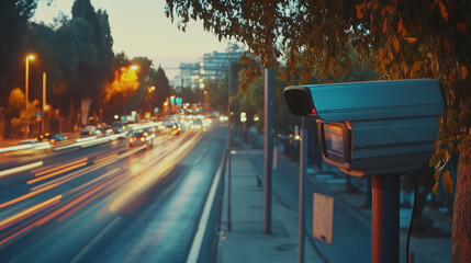 radar speed camera on the side of road monitoring traffic control 