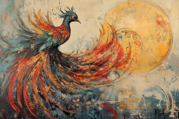 Fototapeta premium Bird displays vibrant plumage against a large sun in a colorful artwork, Bird with magnificent plumage color