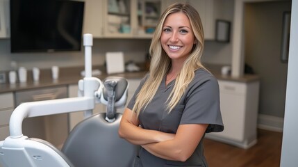 Obraz premium A dentist standing in front of a dental chair with a confident smile,
