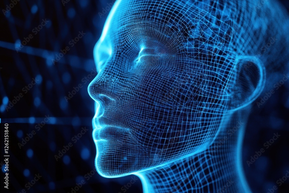 Poster abstract representation of a human head created with blue wireframe lines showcasing digital concept