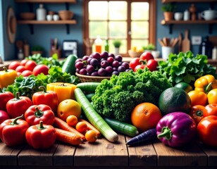 Colorful vegetables on kitchen table with natural light