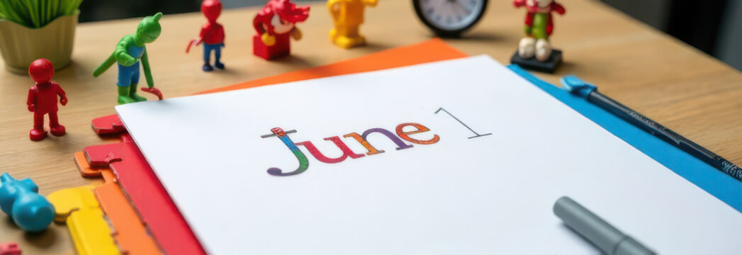 Colorful june 1st greeting card with toys and copy space