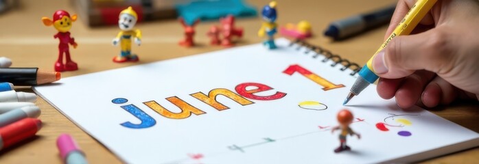 Hand drawing june 1st on notebook surrounded by colorful toys and crayons