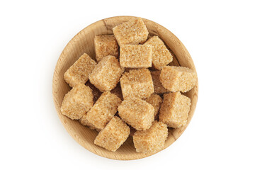 brown sugar in a wooden bowl isolated on white background. Top view. Flat lay