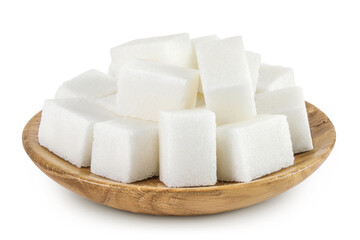Sugar cubes in a wooden bowl isolated on white background