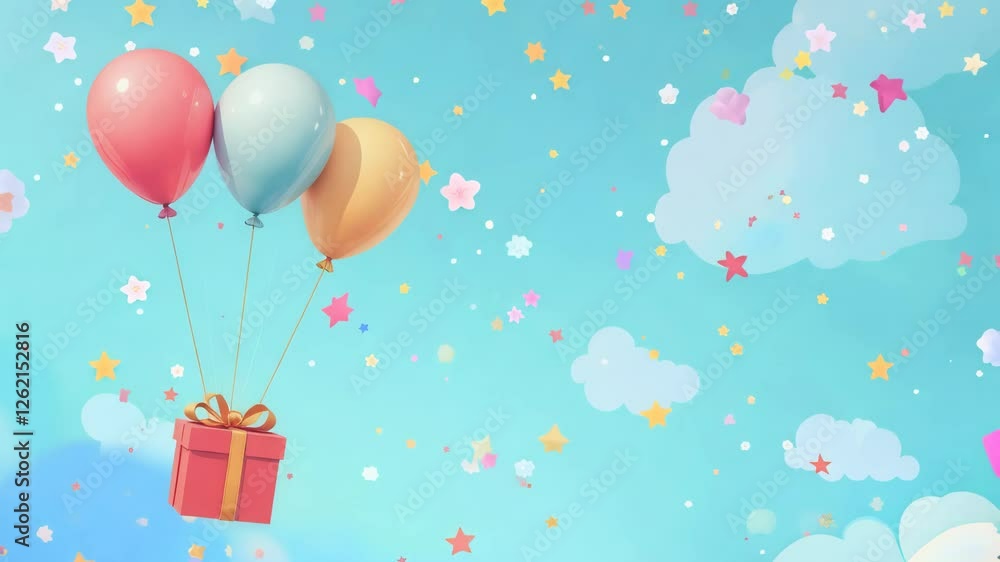 Aufkleber A red box with a bow is floating in the sky. There are three balloons in the air, one of which is yellow