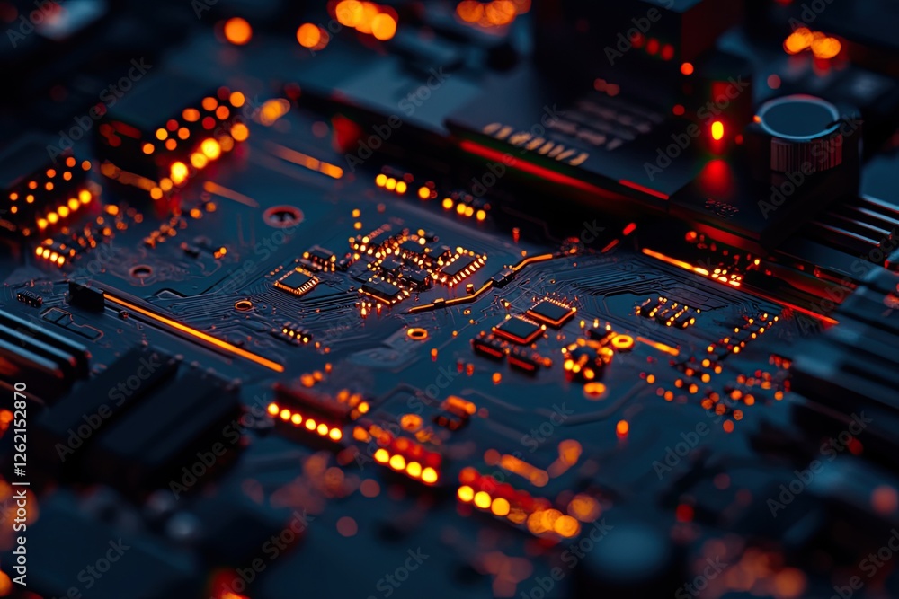 Poster illuminated circuit board showcasing intricate pathways and glow