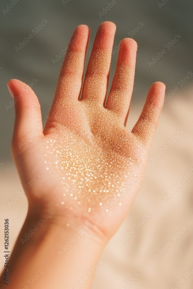 Poster palm covered in shimmering particles reflects light, creating ma