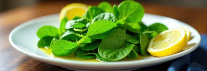 Obraz premium Fresh spinach salad with lemon slices on plate