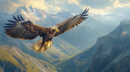 Fototapeta premium Majestic eagle soaring high above a rugged mountain range