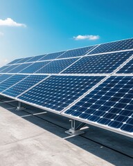 A row of solar panels reflects the clear blue sky, showcasing renewable energy technology in a modern setting.