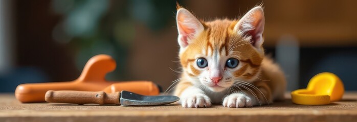 Curious kitten exploring a rustic workspace